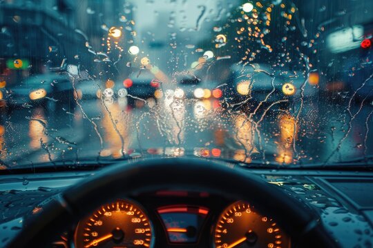 Rainy night traffic view from vehicle dashboard interior.