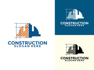 Construction logo with helmet and brick vector template