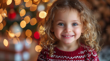 Little smiling girl with curly hair in a New Year's sweater against the background of a Christmas tree