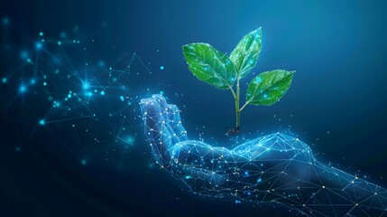 An illustration of a sustainable economy concept with a digital hand holding a plant, set against a blue tech backdrop and composed of a low poly wireframe with glowing dots and lines