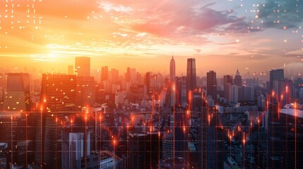 Fototapeta premium Cityscape with Digital Overlay at Sunset