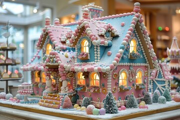 A whimsical gingerbread house decorated with colorful candies and icing. 