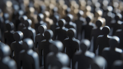 Obraz premium Crowd of monochrome wooden figurines standing close together, symbolizing community, unity, and diversity in a conceptual, artistic manner.