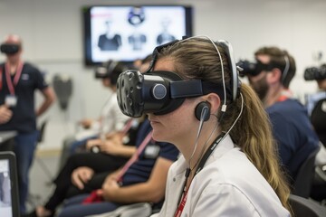 Multiple individuals using VR headsets in a classroom setting, Design a virtual reality experience for medical training