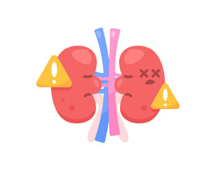 concept of kidney failure, kidney health problems or disorders. Illustration of the kidney organ with a dead facial expression and a warning symbol. flat style design. graphic elements