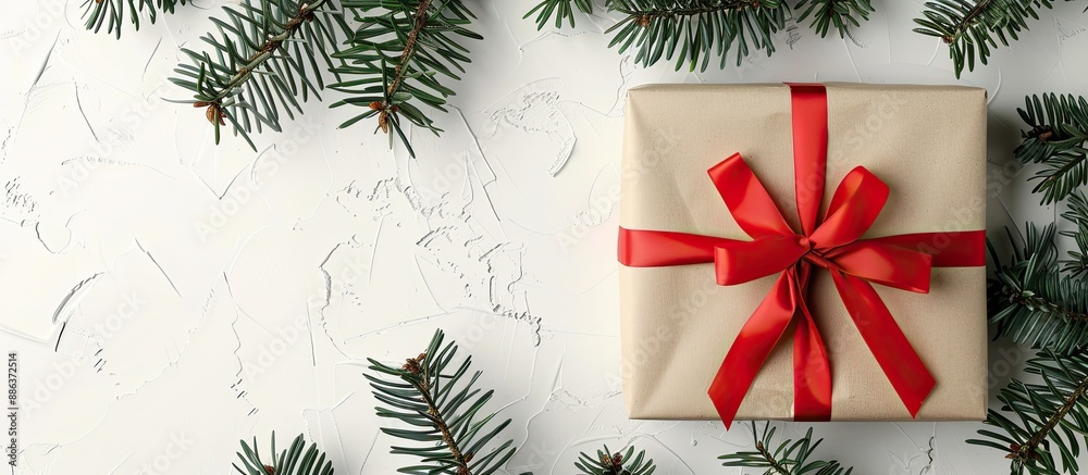 Poster A present wrapped in craft paper with a red ribbon sits on a white background with Christmas tree branches ideal for a festive copy space image