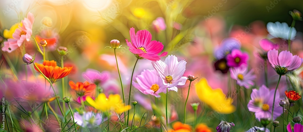 Poster Field filled with vibrant spring flowers for a copy space image