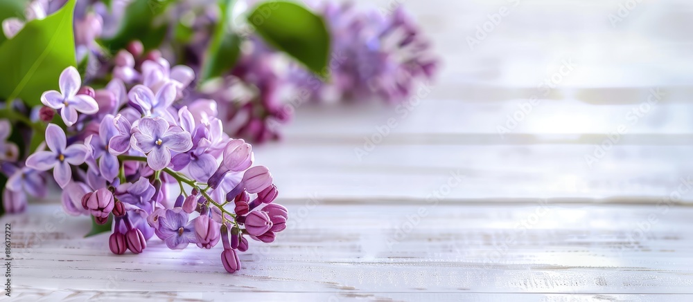 Poster Close up of a lilac branch displayed on a white wooden table with a spacious area for copyspace image