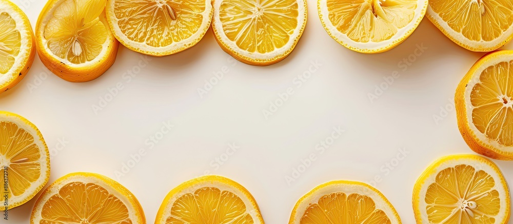 Poster Citrus lemon slices creating a patterned frame on a white table background with copy space image embodying the concept of hot summer refreshment through a setup of beverage ingredients