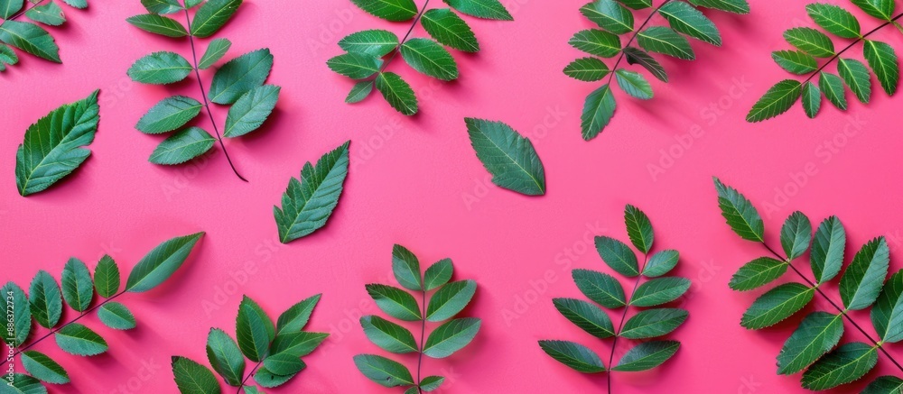 Aufkleber Top view of a modern flat lay pattern featuring vibrant green rowan leaves on a bright pink square with copy space image in a sleek pop art style for framing text