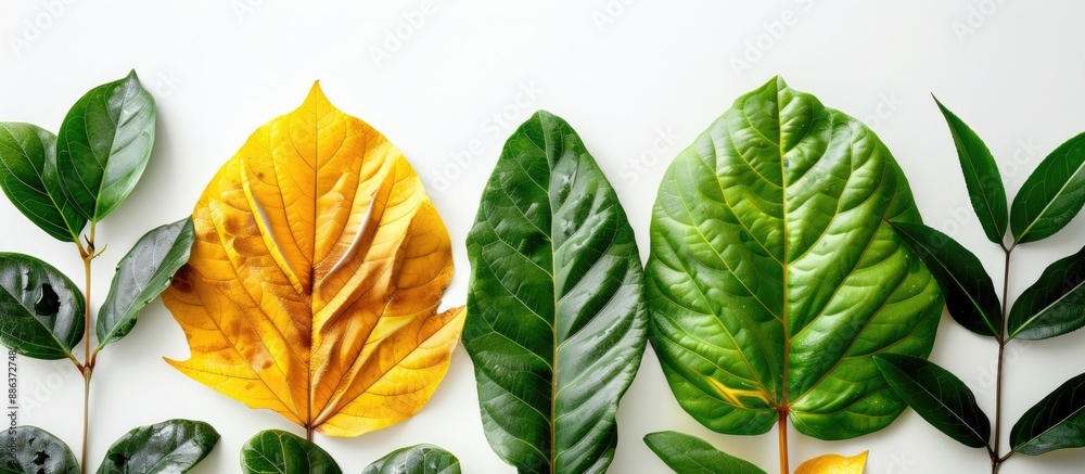 Poster Green and yellow leaves set on a white backdrop for use in background or interior design ideal for a copy space image