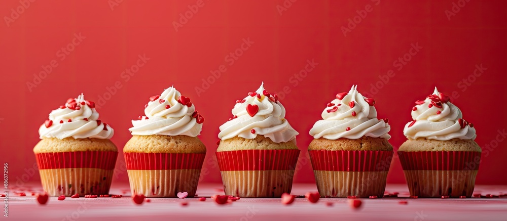 Aufkleber delicious cupcakes in a row on a red backdrop with copy space image for valentine s day celebration