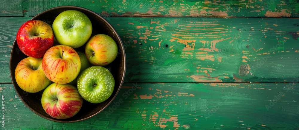 Poster top view of a metal bowl filled with green yellow and red apples placed in the left top corner on a 