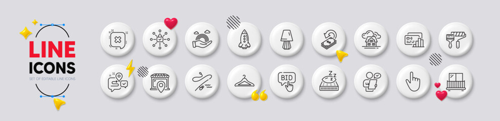 Bid offer, Fishing rod and Table lamp line icons. White buttons 3d icons. Pack of Cloakroom, Market location, Building icon. Security lock, Paint roller, Customer survey pictogram. Vector