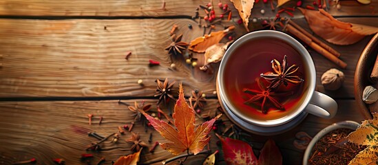 Autumn leaves surround olive tree board with a cup of tea or coffee spices on a wooden table creating a picturesque scene with a cozy atmosphere and copy space image