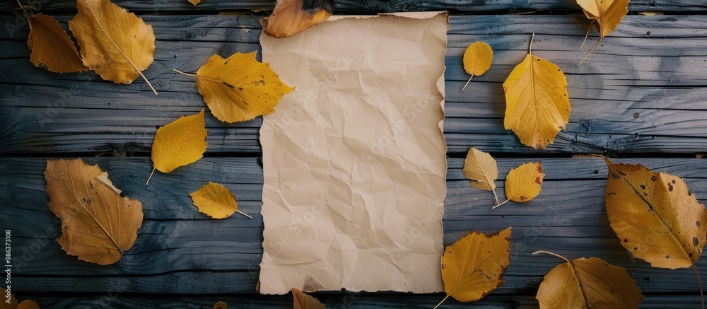 Poster autumn themed composition with a blank paper yellow leaves on a wooden surface suitable for text aut