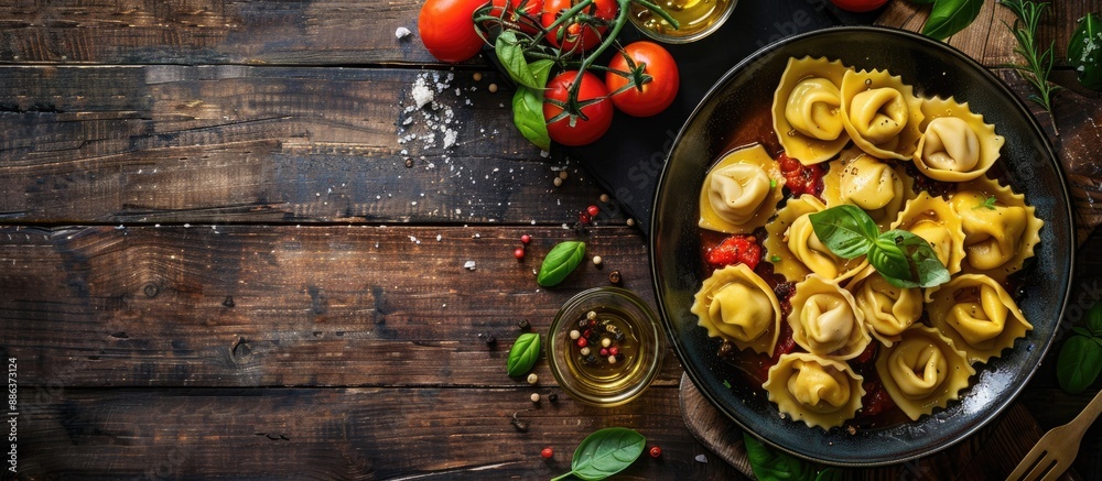 Poster A top view of a menu concept featuring tortellini pasta stuffed ravioli with a food background and copy space image