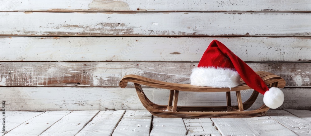 Poster Sled with Santa Claus hat on white rustic backdrop featuring copy space image