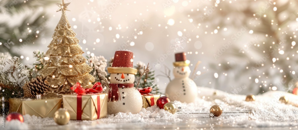 Leinwandbilder festive christmas setting featuring a golden tree cheerful snowmen and presents on a joyful backgrou