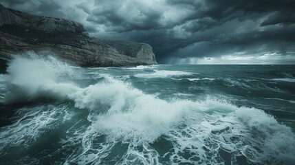 Obraz premium Ocean Waves Background: A captivating seascape unfolds as mighty waves collide with rocky shores, framed by a sky filled with ominous storm clouds. 