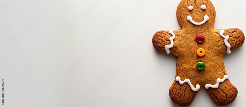 Poster A gingerbread man with buttons photographed against a white backdrop displaying ample copy space image