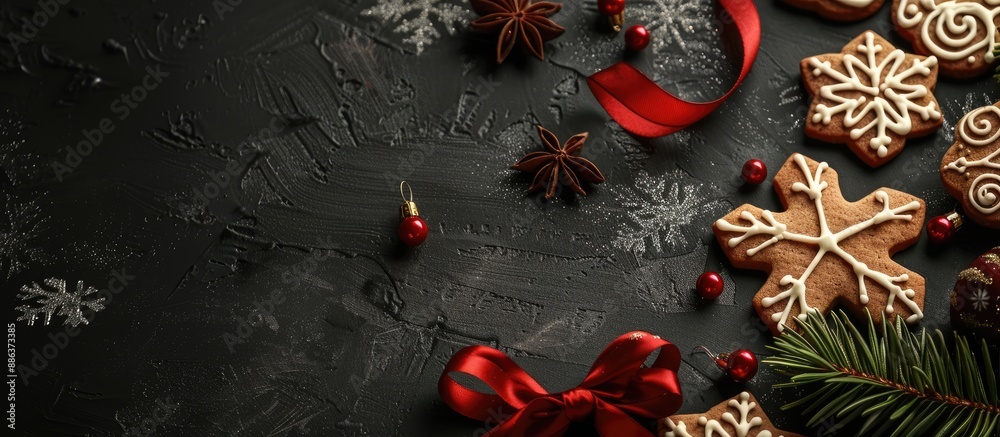 Poster Delicious Christmas cookies decorated with icing fir branches and ribbon on a black table in a flat lay composition with a possibility for text in the image. copy space available