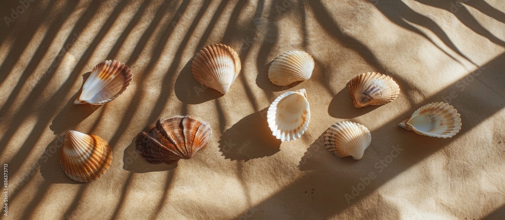 Poster Various seashells with a palm branch shadow on a brown backdrop depicting summer vacation and travel shot in close up with room for text or images. copy space available