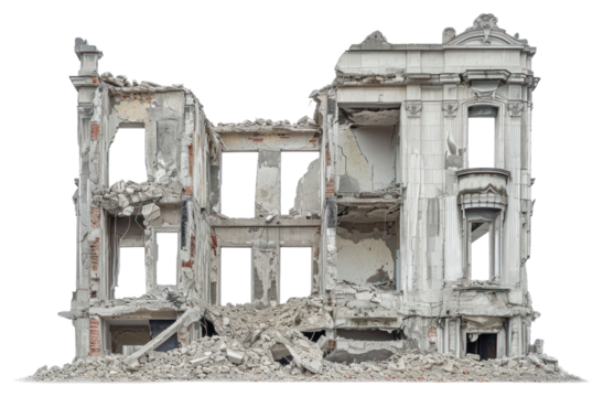 PNG  Destroyed building architecture ruins white background.