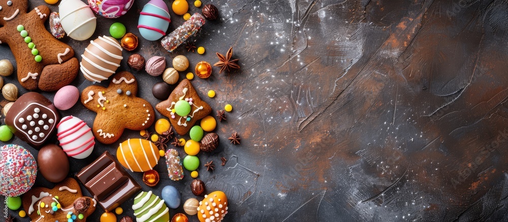 Aufkleber Top down view of an Easter greeting card featuring a variety of colorful gingerbread cookies chocolate eggs and candies displayed on a stone table with copy space image