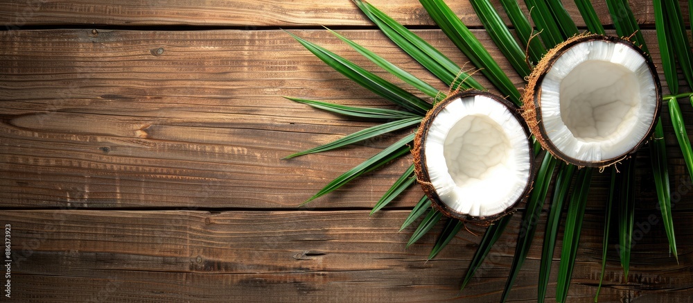 Poster Coconut meat and a coconut leaf are displayed together on a wooden table with copy space image