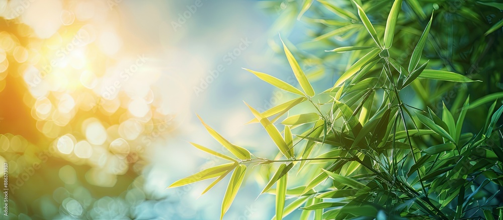Poster sunlight shining through bamboo leaves against a backdrop of the sky creates a serene image with cop