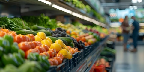 Busy grocery store with a wide selection of produce and other food. Concept Grocery Store, Fresh Produce, Food Choices, Shopping Experience, Busy Environment