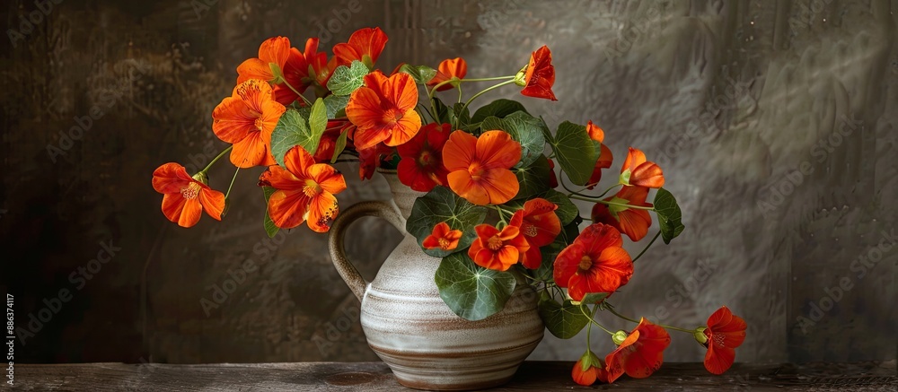 Aufkleber a lovely arrangement of nasturtium flowers in a pitcher with space for text in a postcard worthy ima