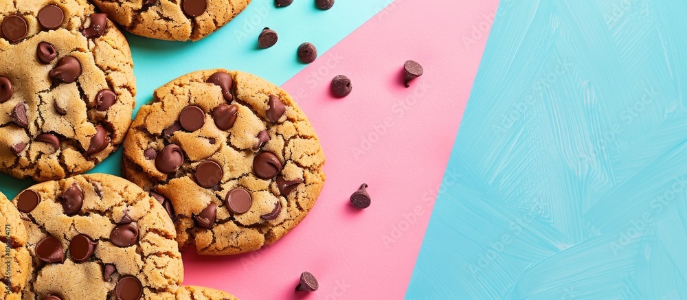 Poster delicious cookies with chocolate chips on a colorful backdrop with copy space image