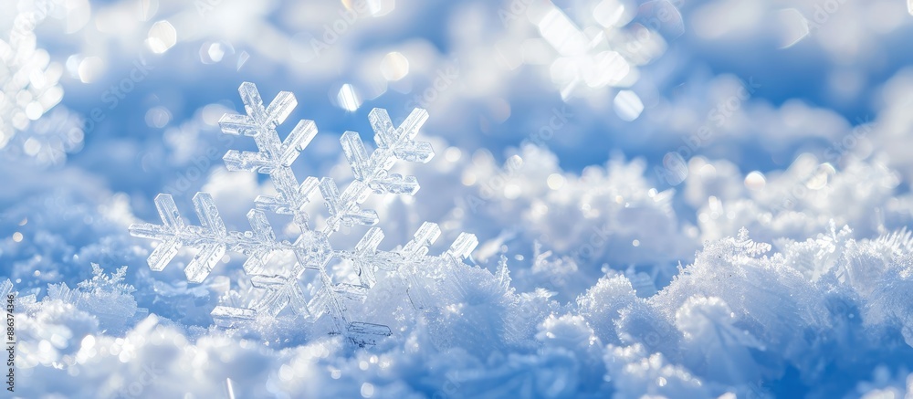 Aufkleber Detailed closeup of large snowflakes on fresh clean snow set against a frosty day with a blue sky in the background ideal for a winter pattern with copy space image