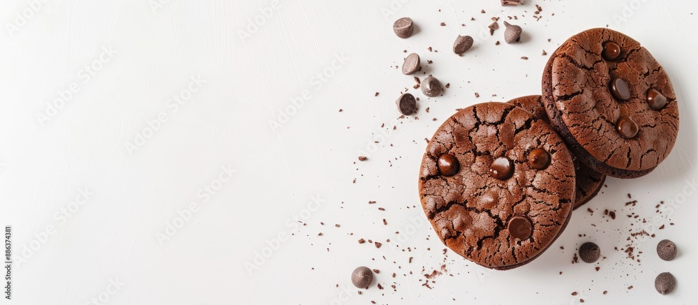 Poster Cocoa cookies placed on a white background beside a chocolate sandwich leaving space for placing other visuals like a copy space image