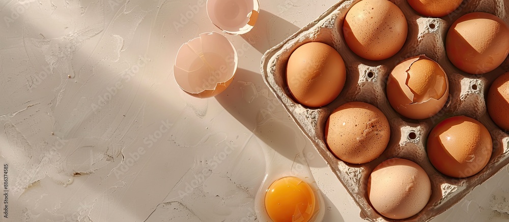 Poster A high quality photo of chicken eggs in a container with a broken egg displayed on a light background with copy space image