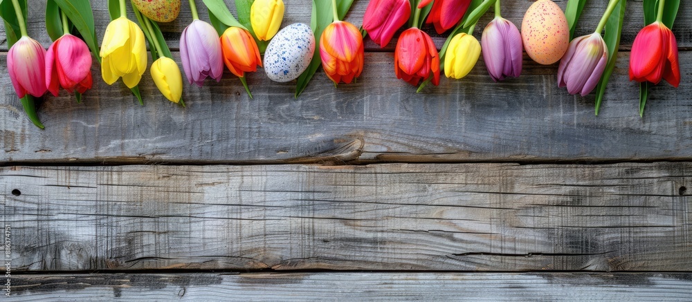 Poster wooden frame decorated with easter eggs and tulips perfect for a copy space image