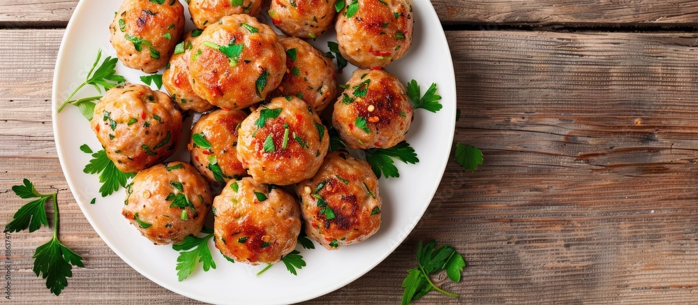 Poster chicken meatballs with a turkish twist seasoned with coriander parsley chili and pistachio arranged 