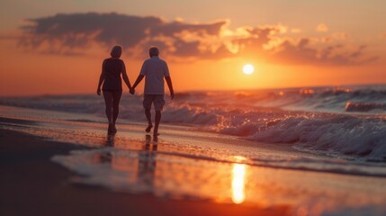 Elderly couple walking hand in hand along a beach at sunset, cherishing the freedom and fulfillment of a lifetime together