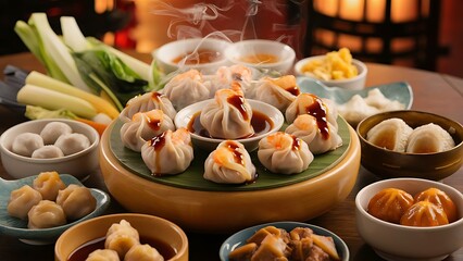 Shumai shrimp with sauce, Steamed shrimp dumplings dim or dim sum and vegetable on wooden table,