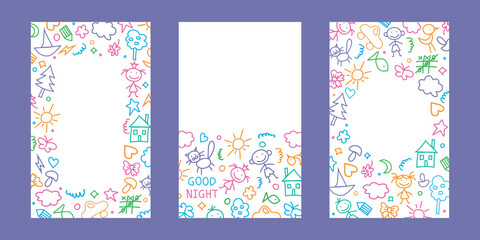 Set of different frames with cute childish colorful doodles. Cute kid colorful doodle story template. Childish scribble icons signs. 