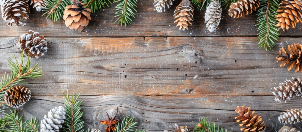 Poster Top view of rustic Christmas decorations on a weathered wooden surface adorned with fir cones creating a wintry background with space for text or images. copy space available