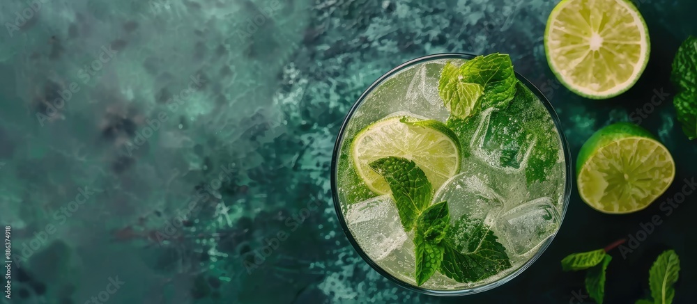 Poster An aerial view of a refreshing mojito cocktail with rum lime soda and mint as a garnish in a copy space image