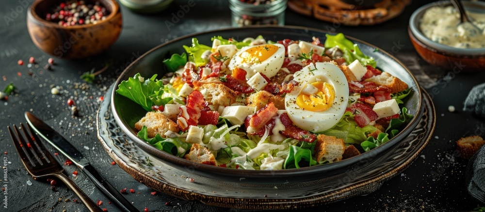 Poster Lorraine cuisine with Vosges salad featuring egg bacon croutons lettuce and vinaigrette dressing beautifully displayed on a rustic table with copy space image in the background