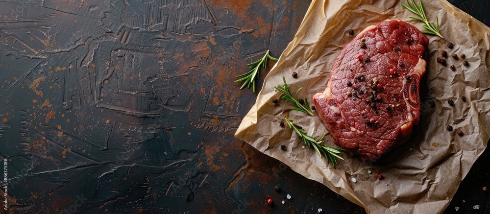 Poster Beef steak placed on parchment paper against a dark background with copy space image available