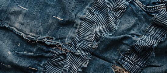 Naklejka premium Close up of torn jeans showcasing sewing details and fabric texture with copy space image