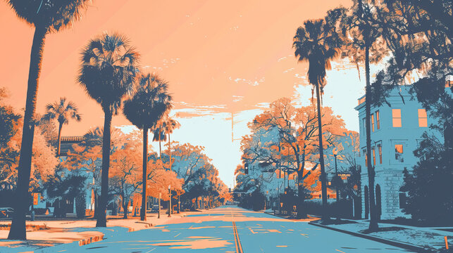 Risograph riso print travel poster, card, wallpaper or banner illustration, modern, isolated, clear, simple of Gainesville, Florida, USA. Artistic, screen printing, stencil
