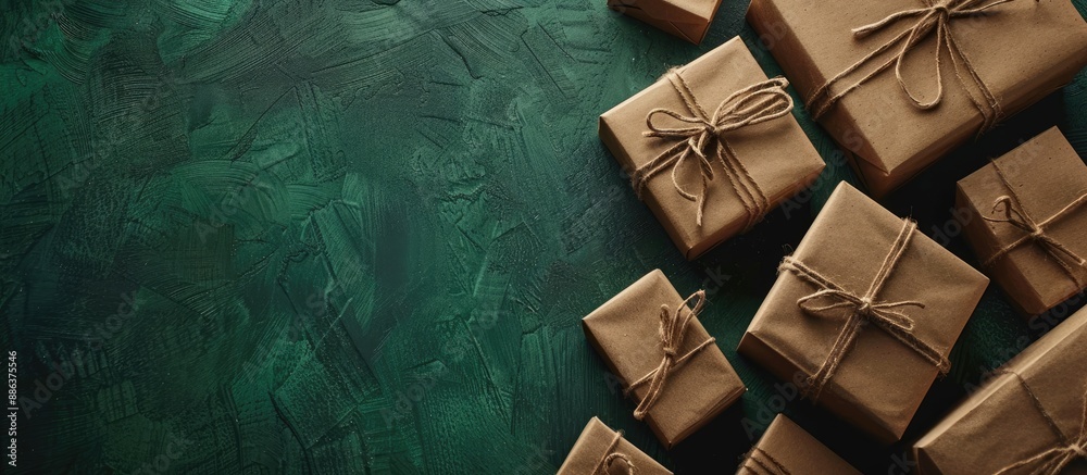 Poster Gift boxes arranged elegantly on a textured green backdrop perfect for a copy space image