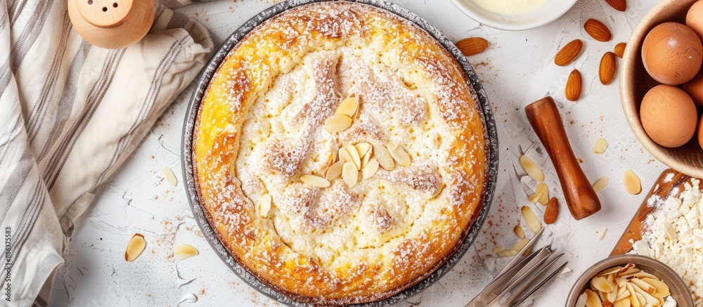 Aufkleber top view of a homemade cake topped with cottage cheese souffle and almond flakes set on a light rust